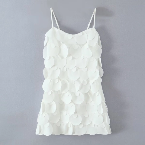French Fish Scale Sequin Mini Dress White Polyester Suspender Adjustable Straps Party Clubwear For Women