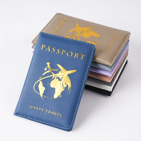 Passport Holder Cover PU Leather Travel Case Gold Stamping Plane Map Pattern Ultra Light Slim Protector For International Trip