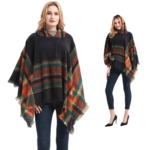 Women Hooded Plaid Poncho Shawl With Tassels Soft Polyester Winter Warm Cape Bohemian Plaid Scarf Outerwear