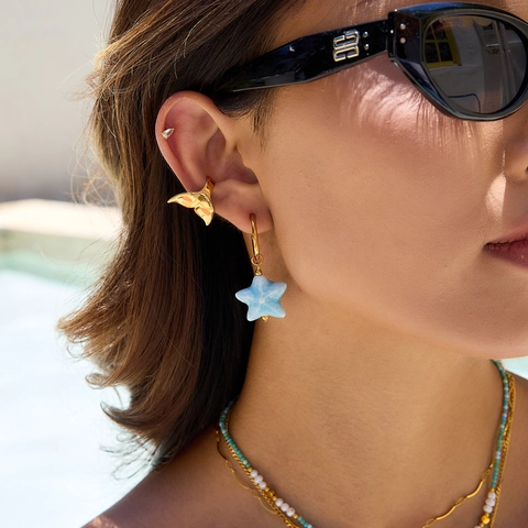 Starfish Pendant Hoop Earrings 18K Gold Plated Stainless Steel Blue Star Jewelry Summer Ocean Style Women Waterproof