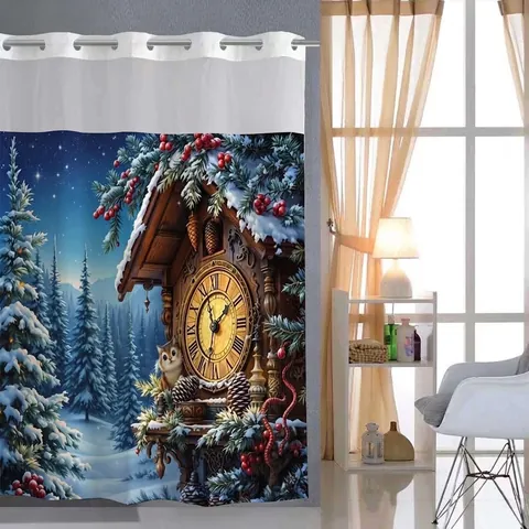 Christmas Shower Curtain Double Layer Waffle Weave Polyester Detachable Liner Hook Free Mesh Top Winter Snow Scene