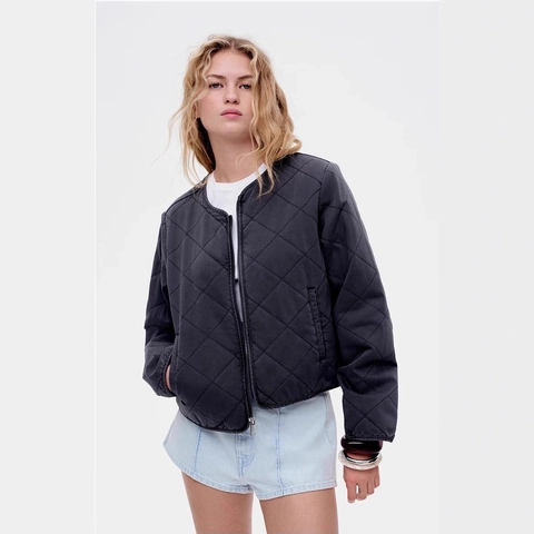 Women Quilted Jacket Diamond Pattern Zip Up Round Neck Long Sleeve Lightweight Bomber Coat Casual Outerwear