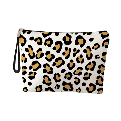 Leopard Print Cosmetic Bag Linen Texture Portable Makeup Pouch Zipper Wrist Strap Travel Toiletry Organizer Fashionable Storage Bag