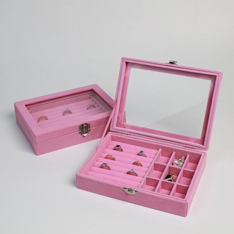 Jewelry Organizer Box Pink Velvet With Transparent Glass Lid Large Capacity Storage For Rings Earrings Bracelets Metal Lock