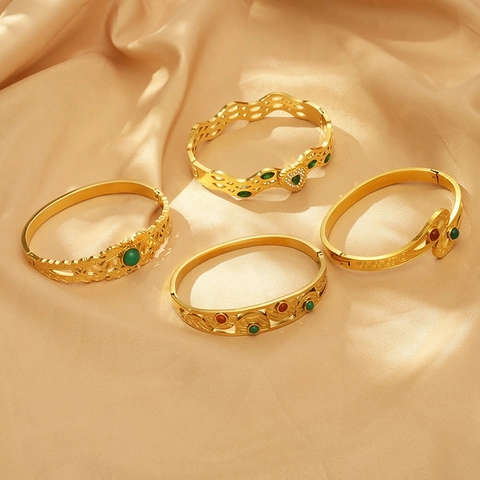Bracciale Rigido Vintage Occhio Turco In Acciaio Inossidabile Placcato Oro Traforato Filigrana Pietra Vetro Donna