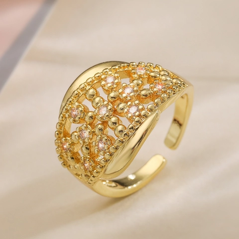 Hollow Geometric Flower Adjustable Open Ring Gold Plated Copper Zircon Chic Luxury Style Jewelry For Women