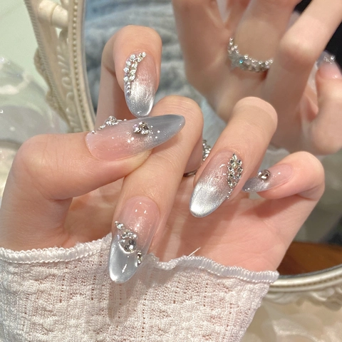 Handgemaakte Press-on Nagels Kattenoog Blauw Grijs Gradiënt Steentjes Franse Stijl Luxe Elegante Kunstnagels