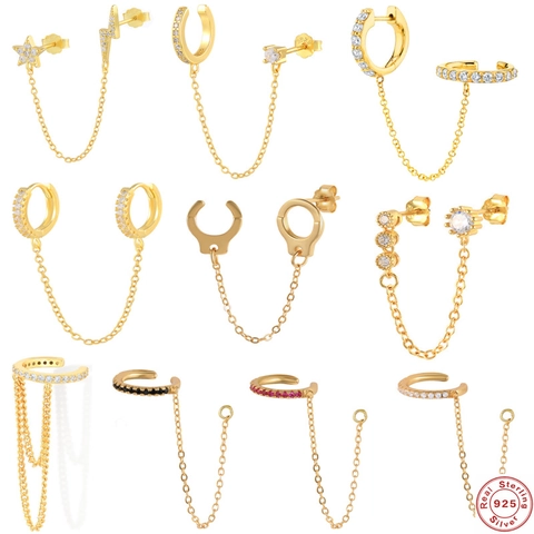 Pendientes Cadena Ear Cuff Plata Ley 925 Circonita Estrella Rayo Borla Joyería Moda Para Mujeres Elegante