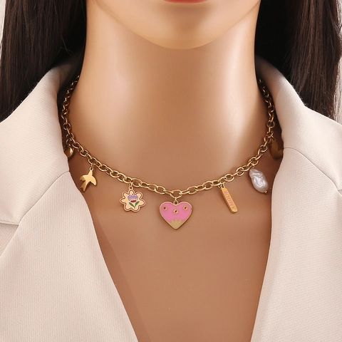 Collar De Amuletos Con Múltiples Colgantes Acero Inoxidable Corazón Perla Artificial Flor Ojo Turco Joyería Para Mujer
