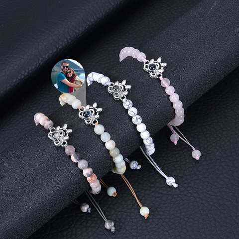 Bracelet De Projection Photo Perles En Pierre Naturelle Corde Tressée Réglable Pendentif Patte Chien Alliage Bijoux Couples