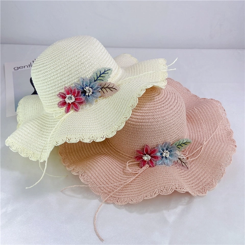 Women Kids Straw Sun Hat Wide Wavy Scalloped Brim Floral Decor Beach Summer Vacation Leisure