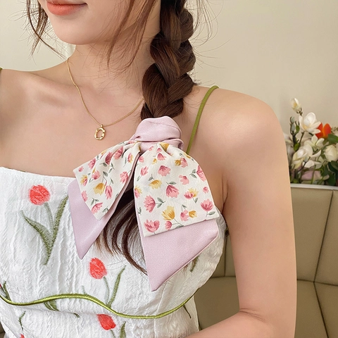 Scrunchie Con Fiocco Floreale Grande Elastico Nastro Di Raso Stile Coreano Elegante Perla Artificial Pizzo Tessuto Dolce Accessori