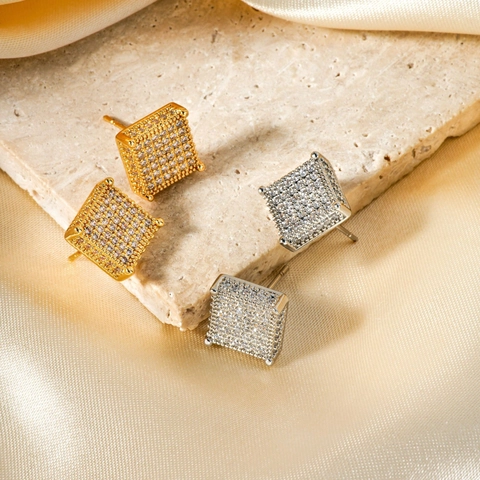 Orecchini A Lobo Quadrati In Rame Con Zirconi Micro Pave Iced Out Retro Minimalista Lusso Accessorio Moda