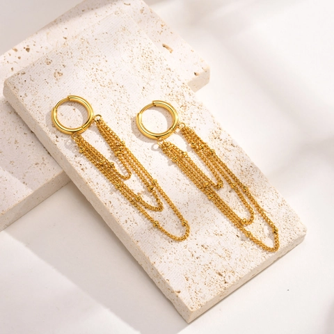 Stainless Steel IP Gold Plated Multi Layer Bead Chain Tassel Hoop Earrings Minimalist Elegant Jewelry Women
