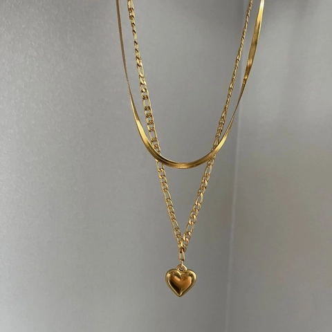 Collar Con Colgante De Corazón De Acero Inoxidable Doble Capa Cadena Serpiente Figaro Chapado En Oro Joyería De Moda