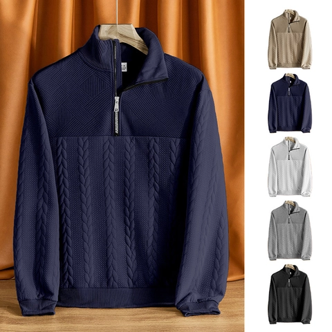 Men Quarter Zip Pullover Sweatshirt Knit Jacquard Stand Collar Casual Long Sleeve Loose Fit Polyester Spandex