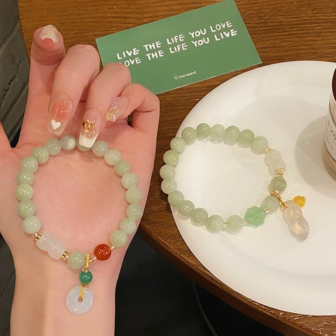 Perlenarmband Jade Weißer Achat Glas Erdnuss Anhänger Chinesischer Stil Vintage Elegant Damen Accessoire