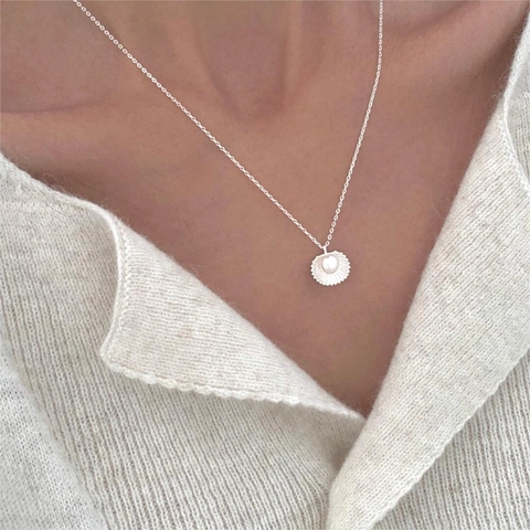 Collana Con Pendente In Perla Artificial E Conchiglia In Argento Sterling 925 Design Minimalista Stile Coreano Gioielli Per Donna