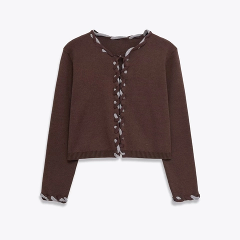 Cardigan In Maglia Da Donna Manica Lunga Girocollo Chiusura Con Gancetto Bordo Festonato Elegante Top