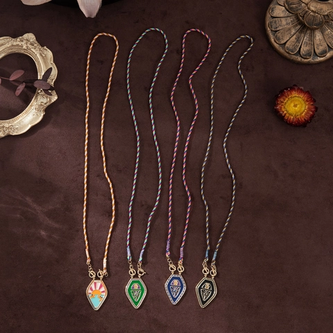 Vintage Kupfer Emaille Tarotkarte Anhänger Halskette Retro Hand Der Fatima Sonne Muster Geflochtenes Seil Vergoldet Schmuck Damen