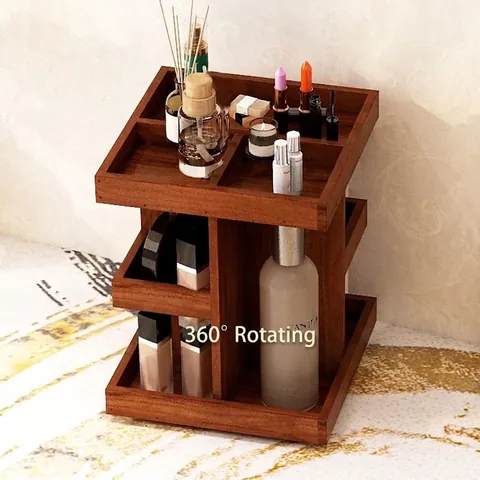 Wooden Rotating Makeup Organizer Cosmetic Storage Box For Vanity Desktop Skincare Perfume Rack Vintage Solid Wood Holder