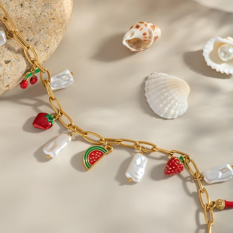 Collar De Cadena Dorada De Acero Inoxidable Con Perlas Barrocas Artificiales Y Dijes De Frutas De Esmalte Para Mujeres Joyería Playa