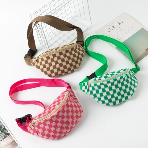 Checkerboard Knitted Waist Bag Adjustable Strap Woven Casual Chest Bag For Women Sport Travel Portable