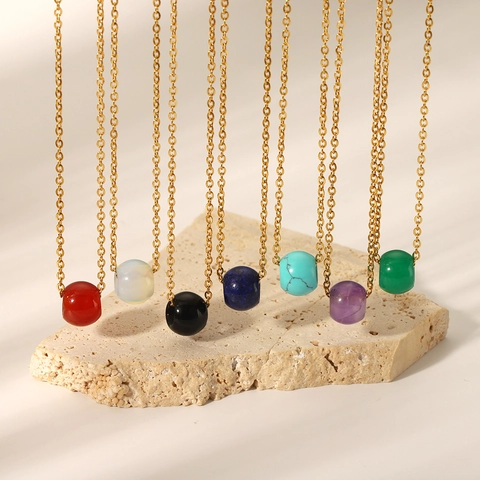 Vintage Natural Stone Pendant Necklace For Women Stainless Steel Gold Plated Minimalist Colorful Cylindrical Gemstone Jewelry