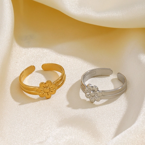 Anillo De Flor Margarita Acero Inoxidable Chapado En Oro De 18K Ajustable Estilo Vintage Francés Mujeres Banda Abierta Joyería