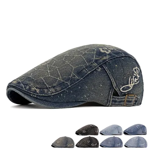 Bérets Casquette Plate Denim Lavé Rétro Boucle Réglable Distressed Style Britannique Vintage Extérieur