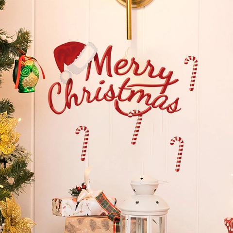 Merry Christmas Wall Sticker PVC Self Adhesive Santa Hat Candy Cane Pattern Holiday Home Window Door Decor