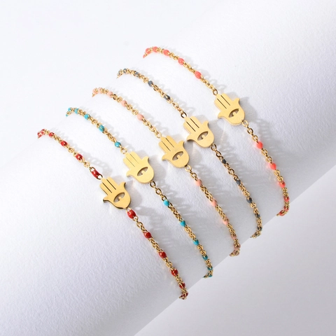 Bohemian Edelstahl Hand der Fatima Armband Für Damen Gold Überzogen Böses Auge Emaille Perle Minimalistisch Mode Schmuck Verstellbar