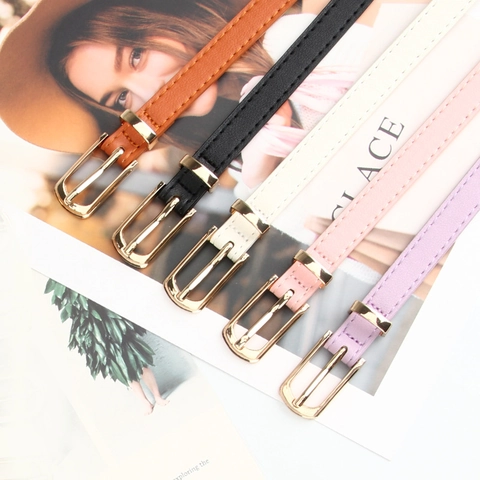 Women Slim PU Leather Belt Minimalist Alloy Pin Buckle Solid Color Thin Waist Strap For Dresses Jeans Fashion Accessory