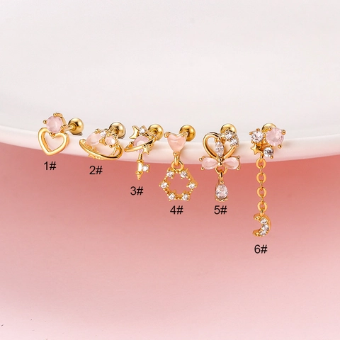 Fairy Stijl Kraakbeen Piercing Oorbel Roestvrij Staal Schroefsluiting Helix Stud Met Roze Zirkoon Hart Planeet Hanger Dames