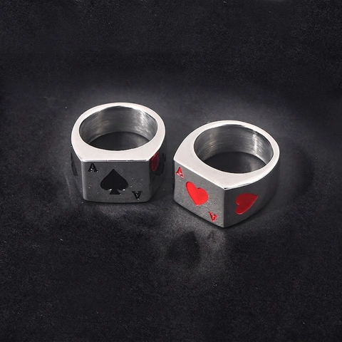 Vintage Stainless Steel Poker Ace of Hearts Spades Signet Ring For Men Women Hip Hop Enamel Fashion Jewelry Finger Ring