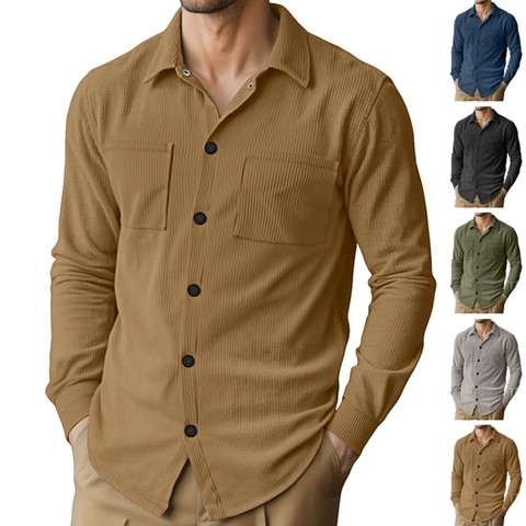 Men Corduroy Casual Shirt Long Sleeve Button Down Workwear Top With Dual Pockets Loose Fit Vintage Style