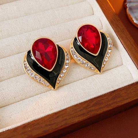 Vintage Heart Stud Earrings With Red Resin Gemstone Black Enamel Rhinestone Alloy And Silver Earring Post For Women