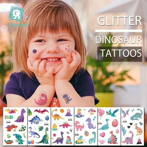 Glitter Dinosaur Temporary Tattoo Stickers Cartoon Waterproof Water Transfer Body Art For Kids Boys Girls Party Favors