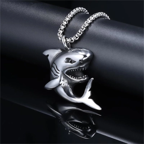 Hai Anhänger Halskette Edelstahl Punk Gothic Tier Schmuck Vintage Silber Biker Hip Hop Accessoire Für Herren Damen