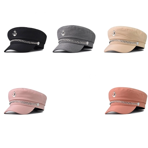 Casquette De Capitaine Militaire Vintage Marin Toit Plat Avec Emblème Ancre En Métal Et Chaîne Décorative Pour Tenue Décontractée