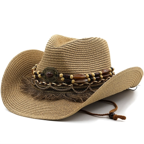 Chapeau De Cowboy En Paille Papier Large Bord Protection UV Chapeau De Soleil Plage Perles En Bois Glands Style Ethnique