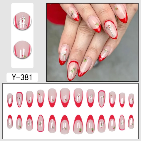 Unghie Finte Press On French Rosse Forma Mandorla Unghie Artificiali Lucide Con Motivo Bicchiere Da Cocktail Eleganti Alla Moda