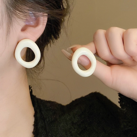 Irregular Geometric Hoop Stud Earrings With Silver Earring Post Simple Retro Resin Glazed Commuter Jewelry For Women
