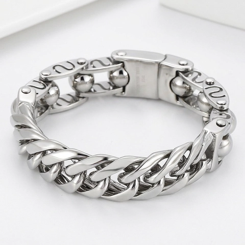 Men Bracelet Stainless Steel Cuban Link Chunky Punk Industrial Style Beaded Chain Jewelry Polished Silver Color