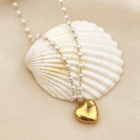 Herz Anhänger Halskette 18K Vergoldeter Edelstahl Imitation Künstliche Perle Eleganter Vintage Stil Schmuck Für Frauen