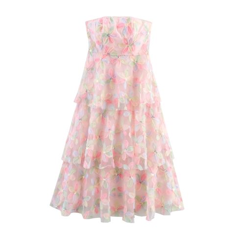 Vestito Maxi A Balze Senza Spalline Con Ricamo Floreale 3D Tulle A Rete Colorato Vita Alta Dolce Elegante Da Donna