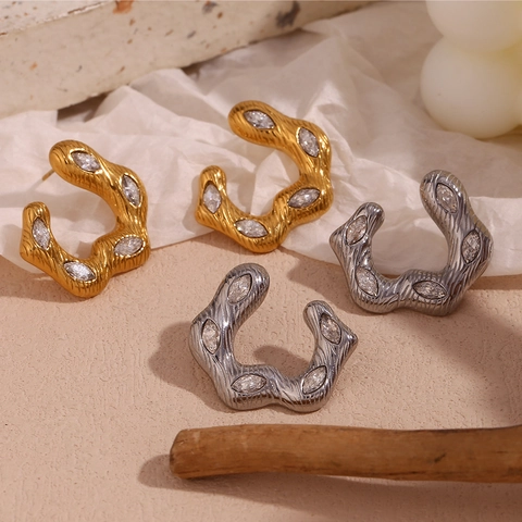 Onregelmatige Golf Ring Oorbellen 18K Verguld Roestvrij Staal Markies Zirkoon Getextureerde C Vorm Mode Sieraden Voor Dames
