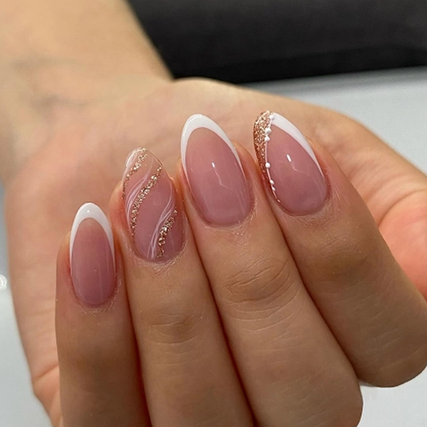 Uñas Postizas Almendradas French Tip Blanco Nude Rosa Purpurina Plateada Líneas Onduladas Elegantes Para Mujeres Manicura DIY