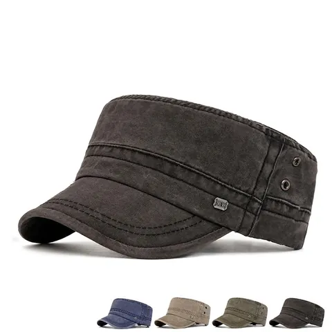 Washed Cotton Cadet Cap Military Style Flat Top Hat Vintage Adjustable Sun Protection Outdoor Casual For Men Women
