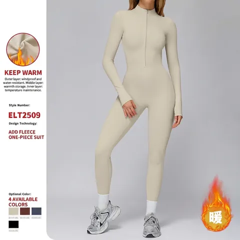 Women Yoga Jumpsuit Fleece Lined Polyester Elastane Zip Up Stand Collar Long Sleeve Workout Bodysuit Slim Fit Fitness Catsuit